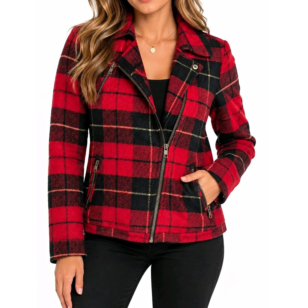 Forever 21 Premium M Red Black Plaid Moto Biker Jacket Zip Punk Grunge Preppy